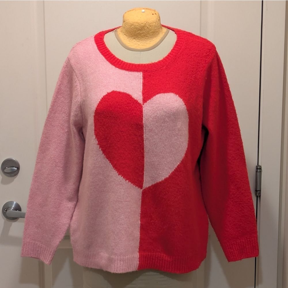 NWT Cupcakes and Cashmere 2X Red and Pink Statement Heart Knit Sweater
